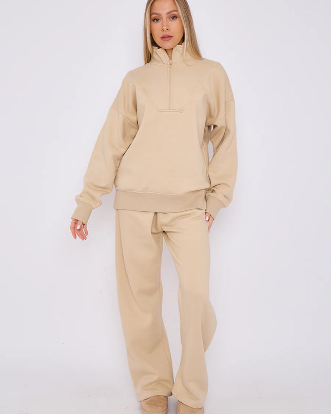 1/2 Zip Top & Jogger Fleece Co-Ord Beige