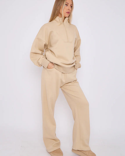 1/2 Zip Top & Jogger Fleece Co-Ord Beige