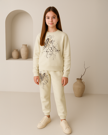 Beige Hearts Printed Sweatshirt Tracksuit Kids