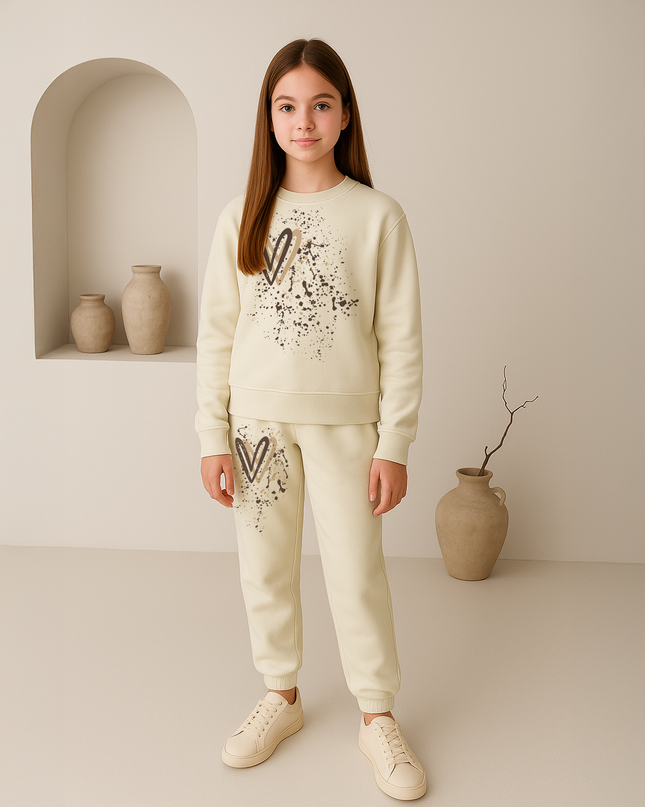 Beige Hearts Printed Sweatshirt Tracksuit Kids