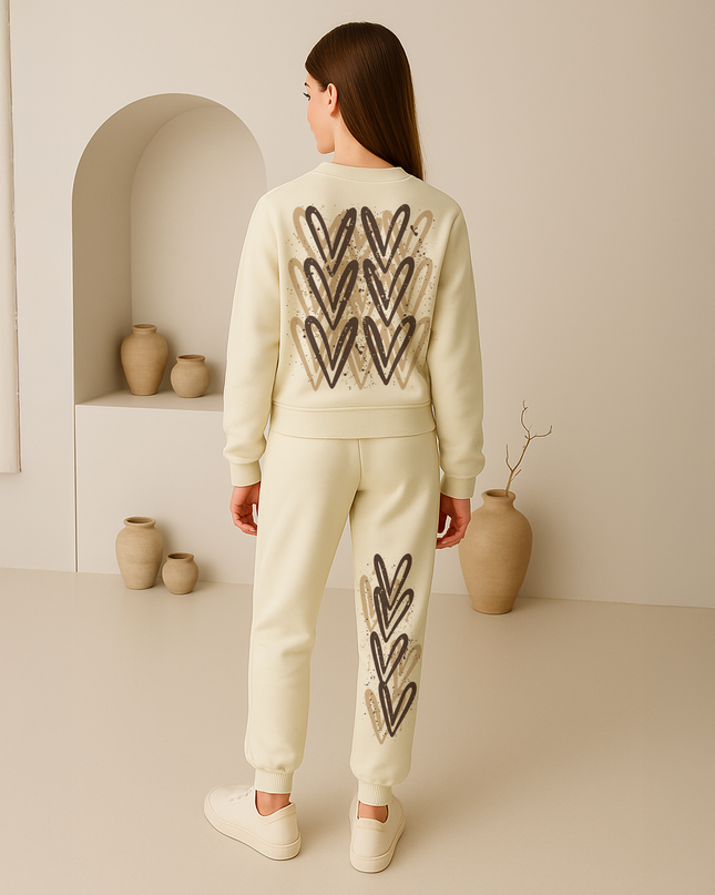 Beige Hearts Printed Sweatshirt Tracksuit Kids