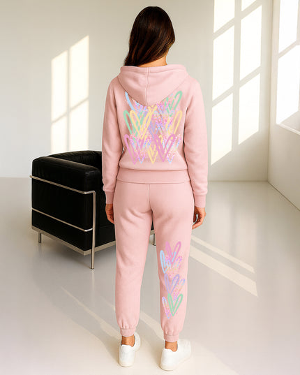 Pastel Leopard Print Hearts Printed Hooded Tracksuit Adult