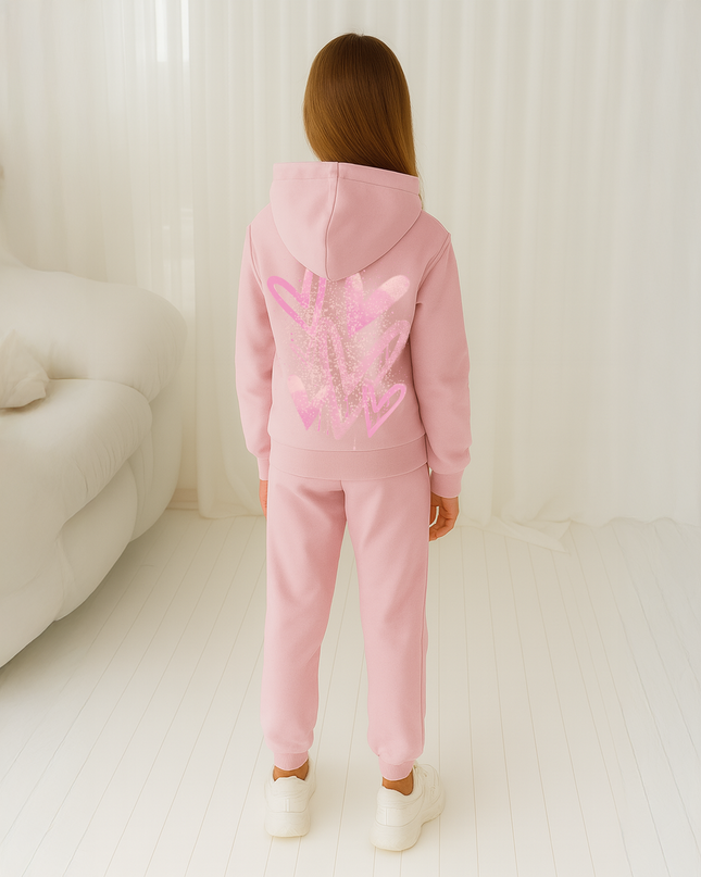 Pink Scattered Hearts Printed Hooded Tracksuit Kids