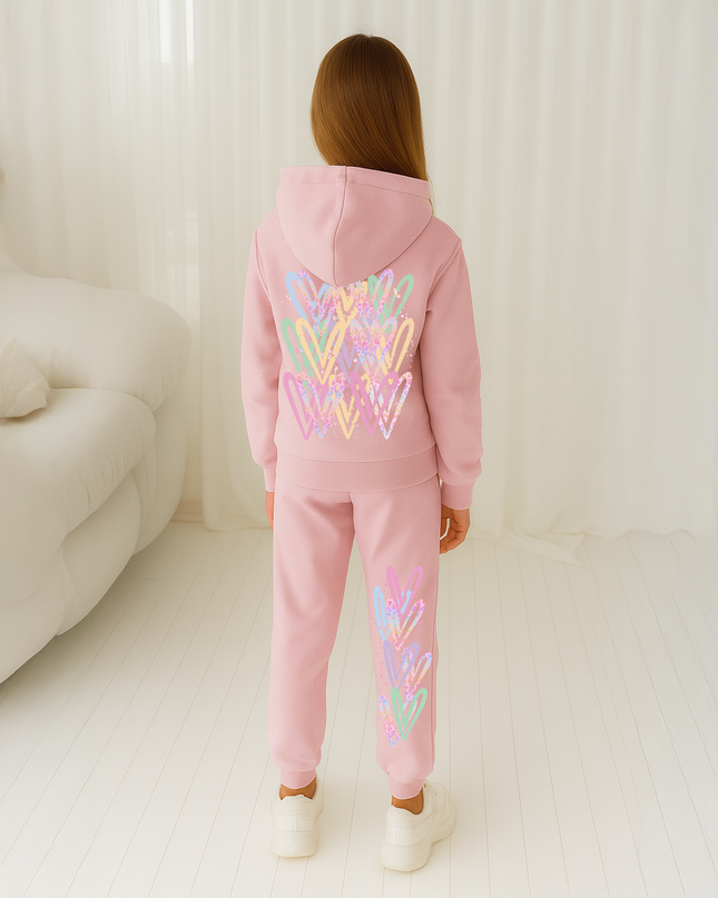 Pastel Leopard Hearts Printed Hooded Tracksuit Kids