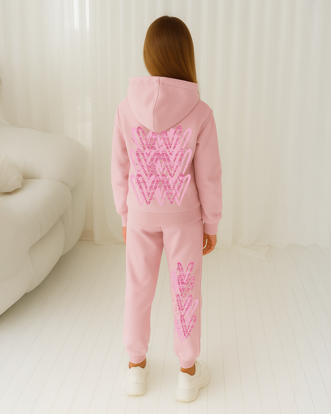 Pink Zig Zag Hearts Printed Hooded Tracksuit Kids