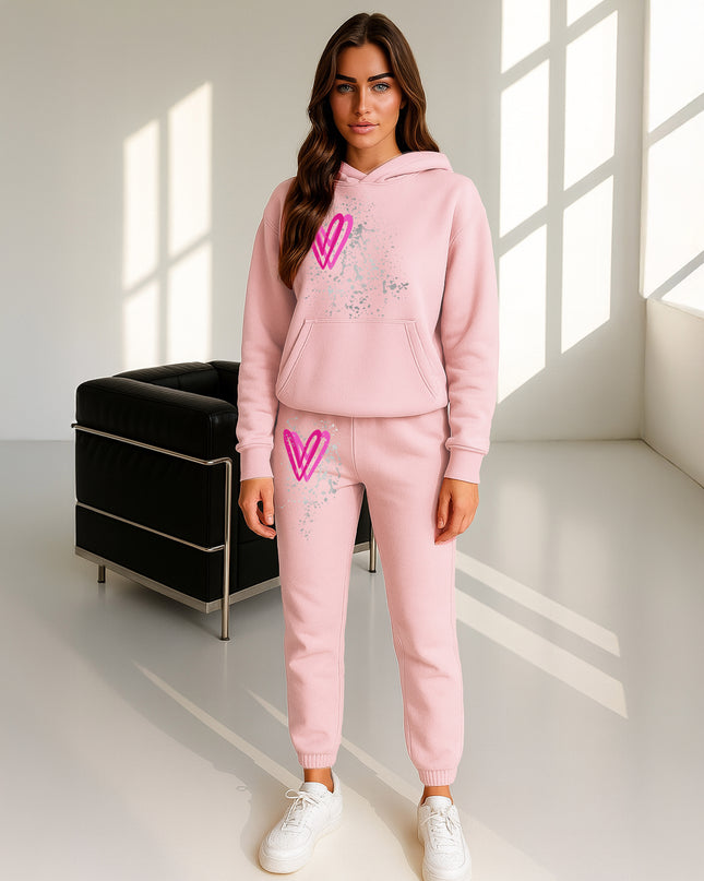 Hot Pink Hearts Printed Hooded Tracksuit Adult