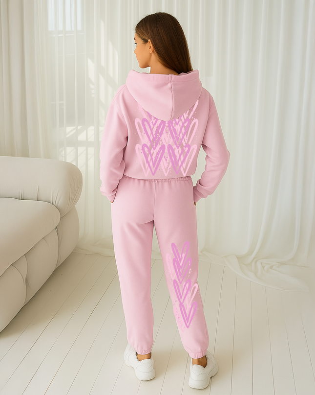 Pink Hearts Printed Hooded Tracksuit Kids