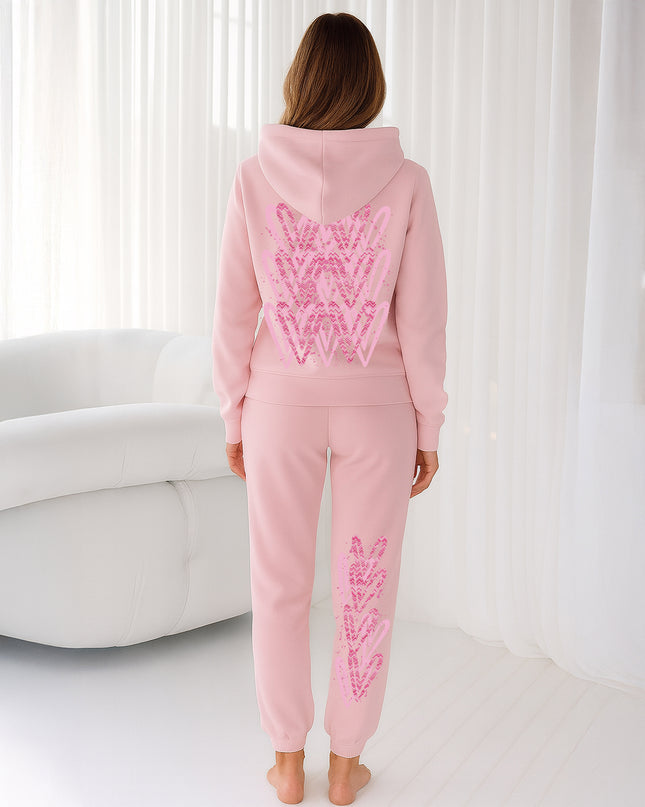 Pink Zig Zag Hearts Printed Hooded Tracksuit Adult