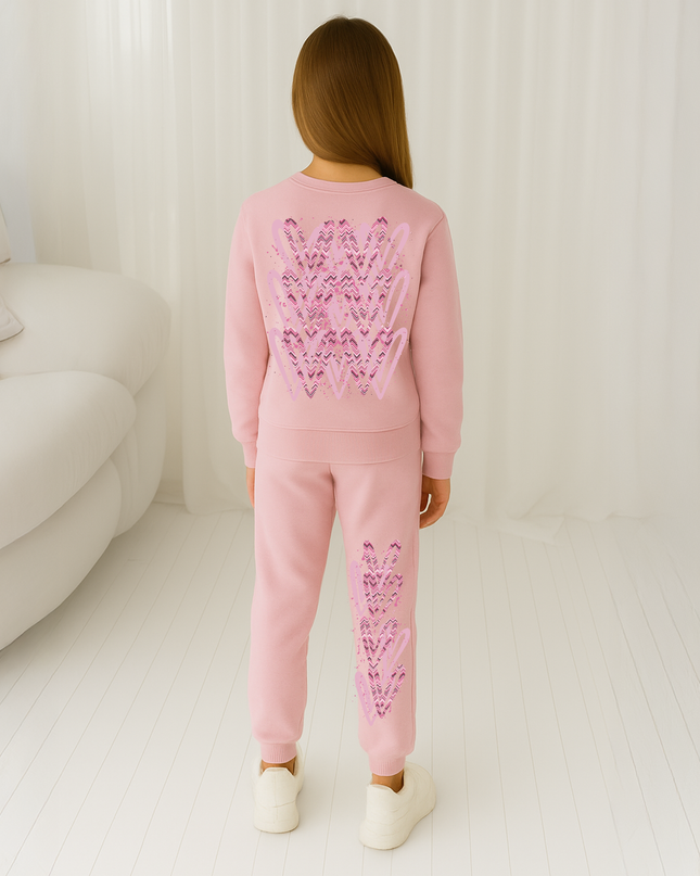 Dark Pink Zig Zag Hearts Printed Sweatshirt Tracksuit Kids