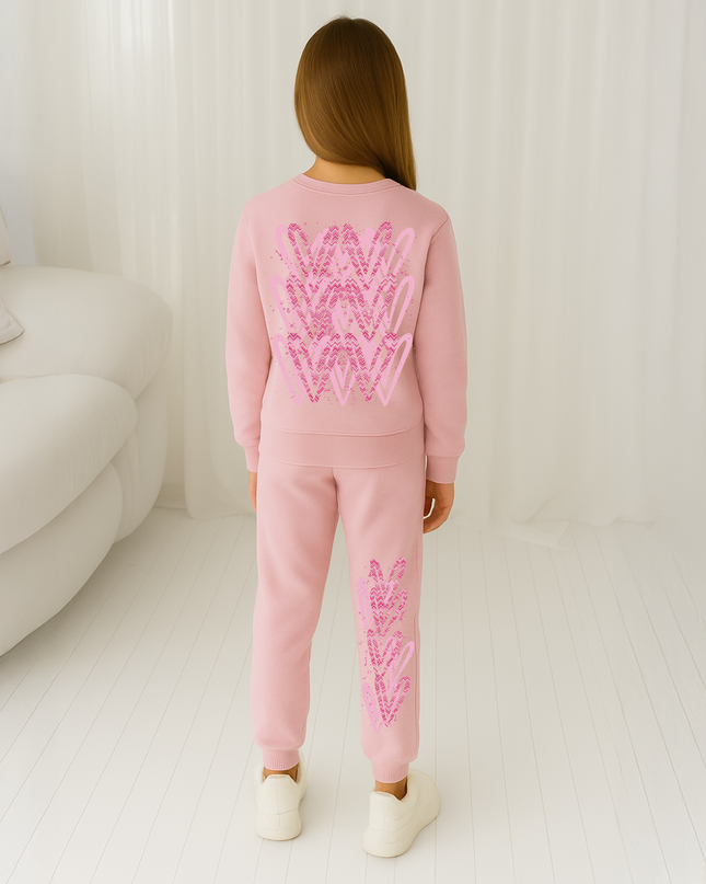 Pink Zig Zag Hearts Printed Sweatshirt Tracksuit Kids