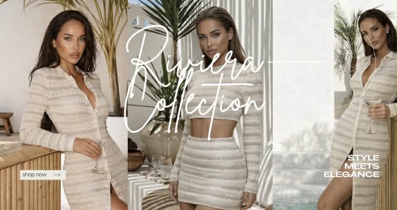 Riviera Collection: style meets elegance. Models in a beige crochet shirt, crop top and mini skirt co-ord.