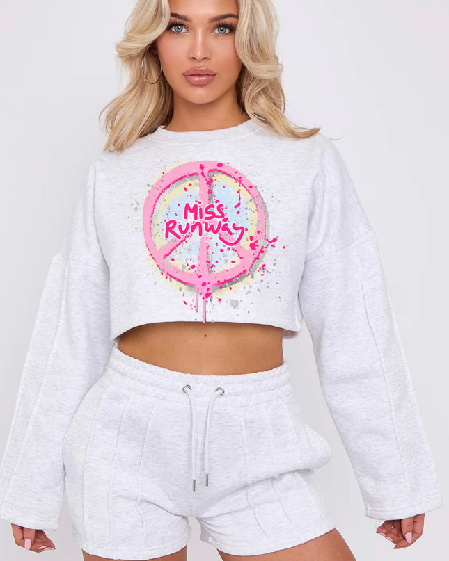 Miss Runway Pastel Peace Cropped Sweat Printed Short Set