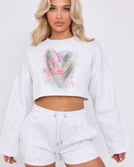 Miss Runway Silver Heart Cropped Sweat Printed Short Set