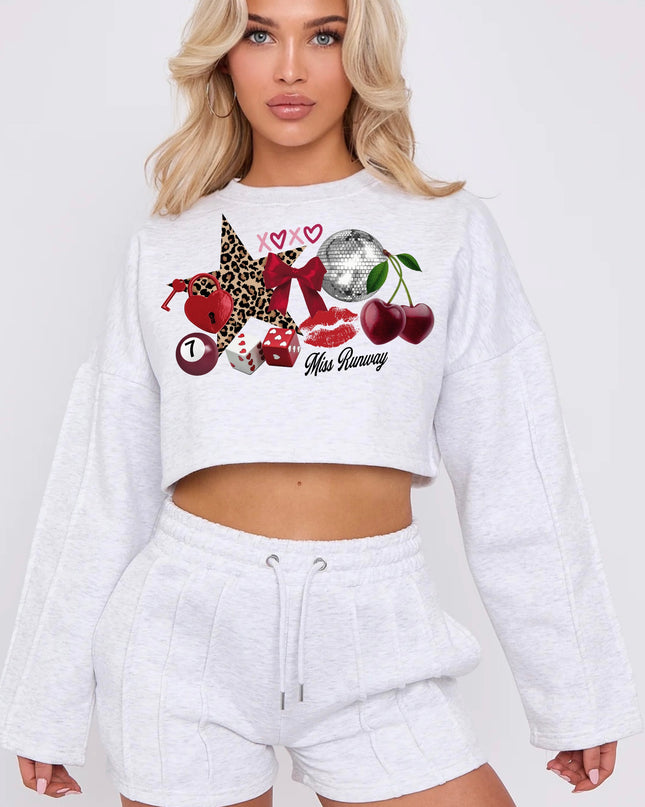 Disco Cherry Cropped Sweat Printed Short Set