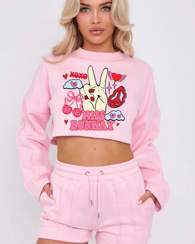 Miss Runway Heart Fingers Cropped Sweat Printed Short Set