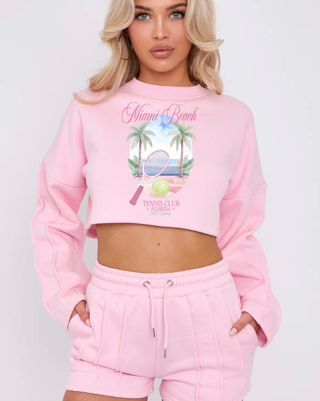 Miami Beach Tennis Club Cropped Sweat Printed Short Set