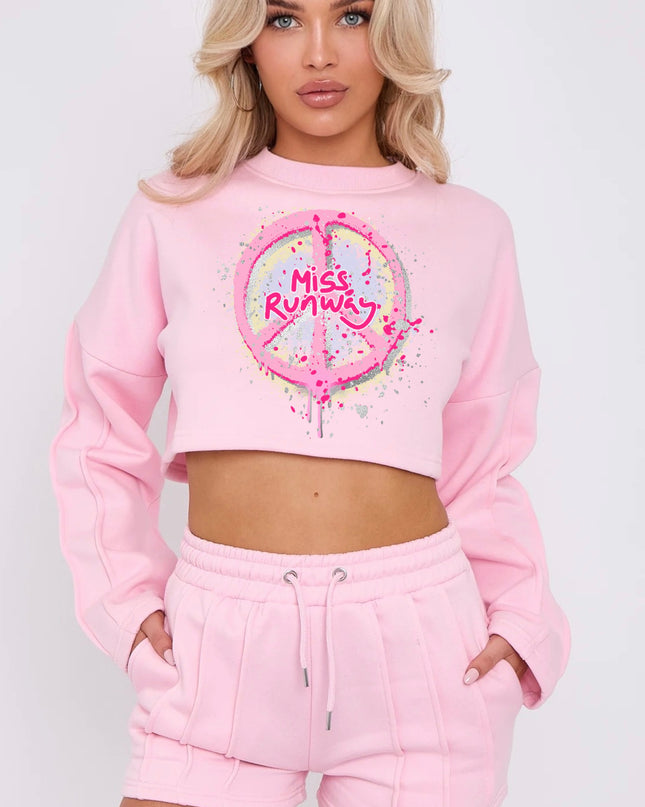 Miss Runway Pastel Peace Cropped Sweat Printed Short Set