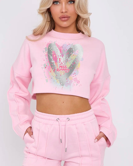 Miss Runway Silver Heart Cropped Sweat Printed Short Set