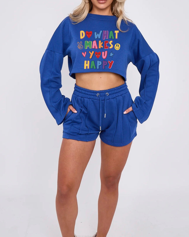 Do What Makes you Happy Cropped Sweat Printed Short Set