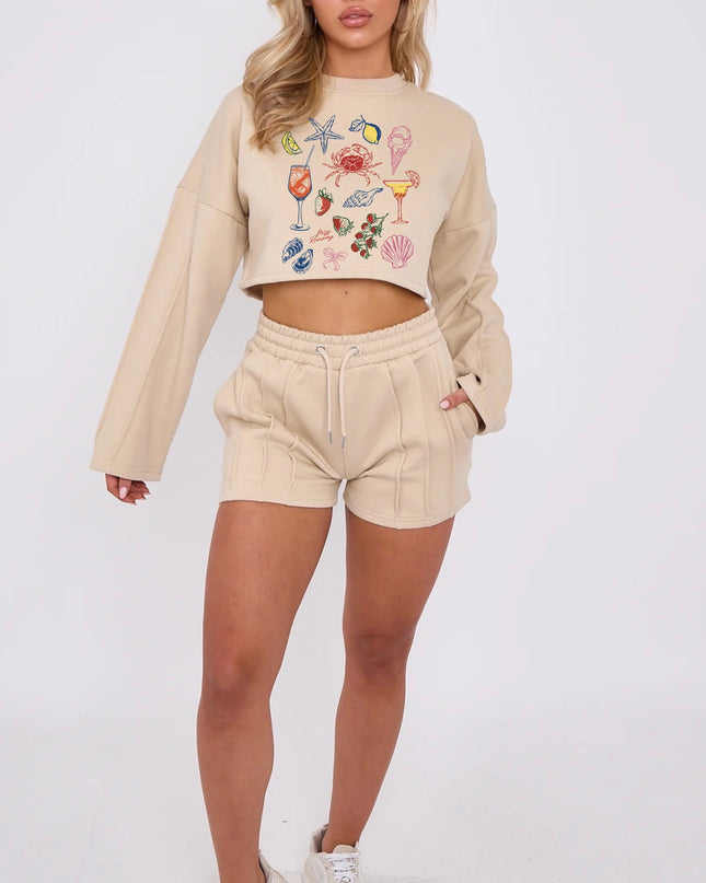 Seafood & Cocktails Cropped Sweat Printed Short Set
