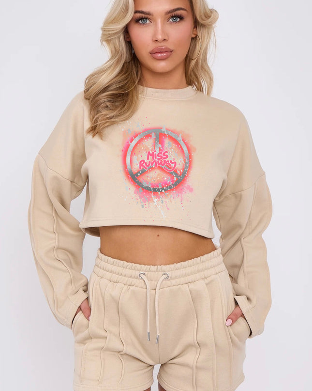 Miss Runway Neon/Silver Peace Cropped Sweat Printed Short Set