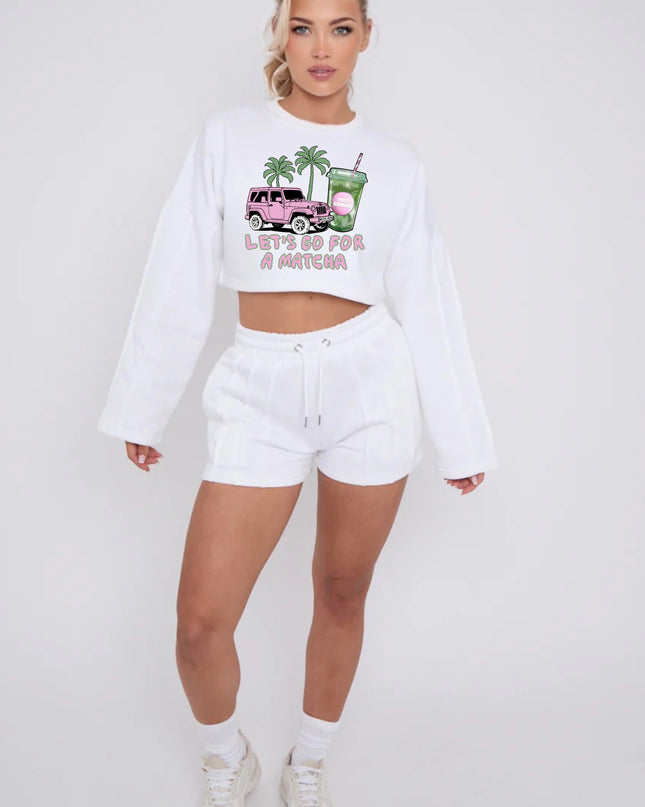Lets Go For A Matcha Cropped Sweat Printed Short Set (Copy)