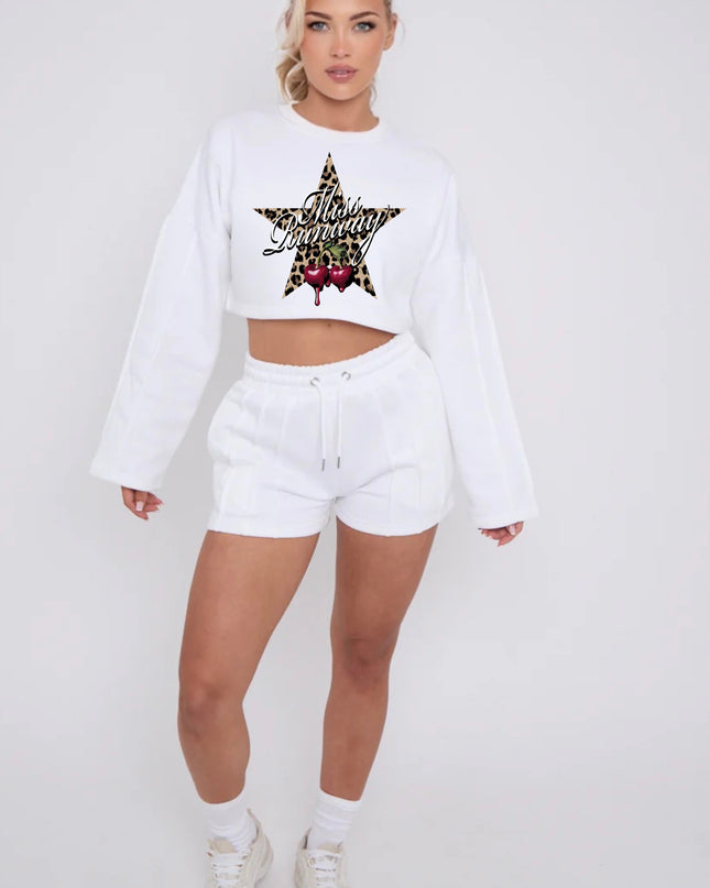Miss Runway Leopard Star Cropped Sweat Printed Short Set