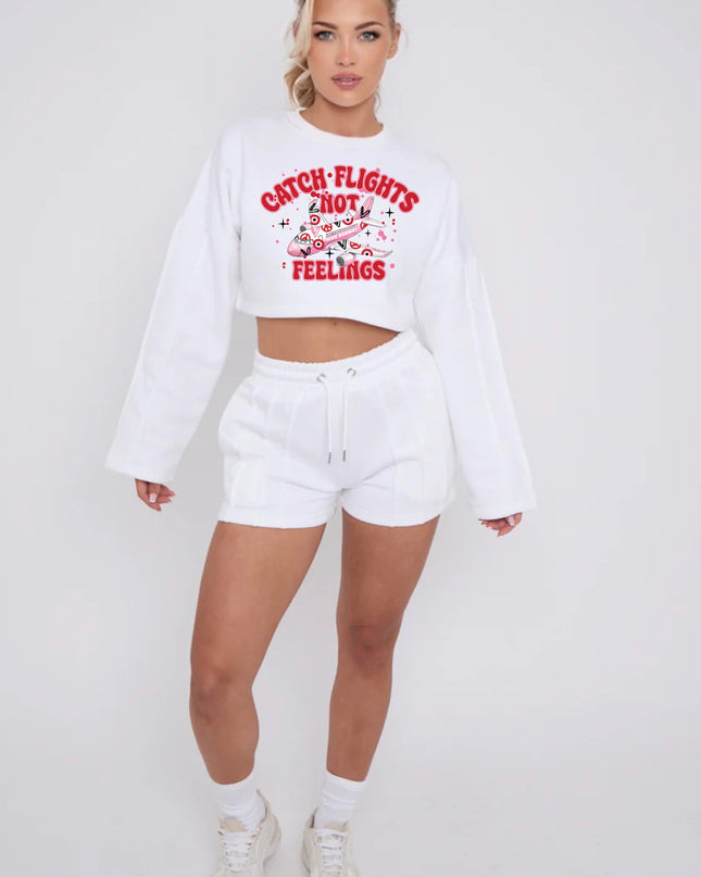 Catch Flights Not Feelings Cropped Sweat Printed Short Set
