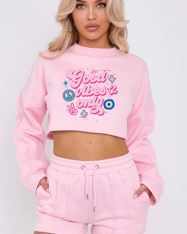 Good Vibes Only Cropped Sweat Printed Short Set