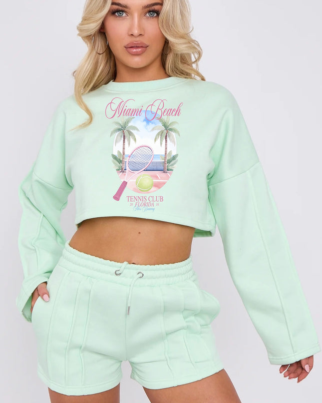 Miami Beach Tennis Club Cropped Sweat Printed Short Set