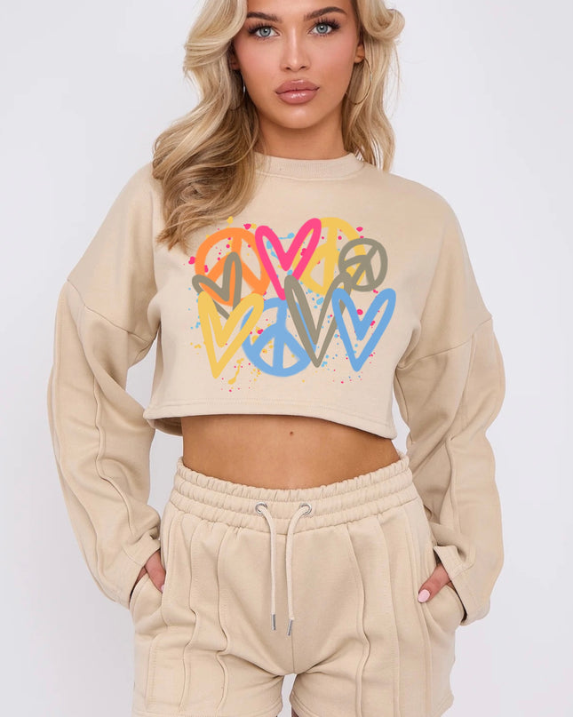 Gold Peace/Heart Cropped Sweat Printed Short Set