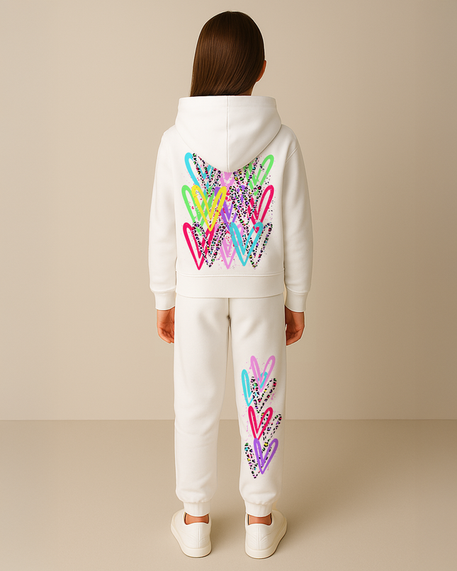 Multi Colour Leopard Hearts Printed Hooded Tracksuit Kids