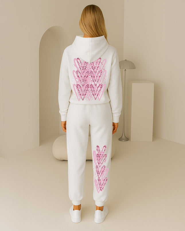 Dark Pink Zig Zag Hearts Printed Hooded Tracksuit Adult
