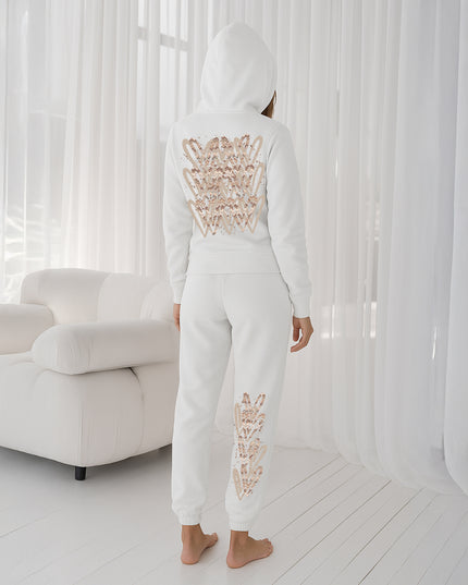 Beige Zig Zag Hearts Printed Hooded Tracksuit Adult