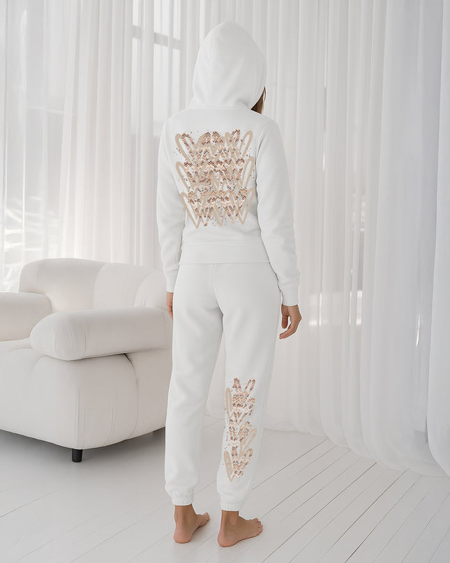 Beige Zig Zag Hearts Printed Hooded Tracksuit Adult