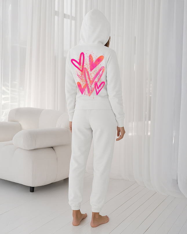 Neon Pink & Orange Scattered Hearts Printed Hooded Tracksuit Adult