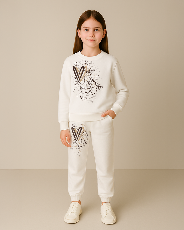 Beige Hearts Printed Sweatshirt Tracksuit Kids