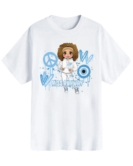 Miss Runway Doll T-Shirt Blue Heart Design