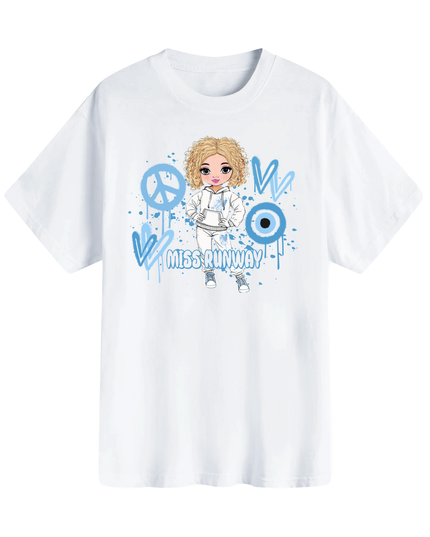 Miss Runway Doll T-Shirt Blue Heart Design