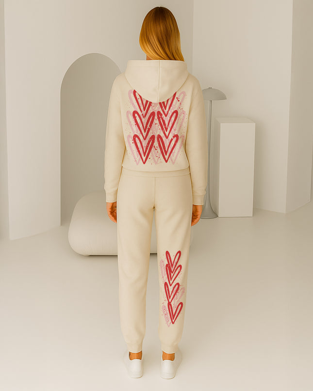 Pink & Red Hearts Printed Hooded Tracksuit Adult