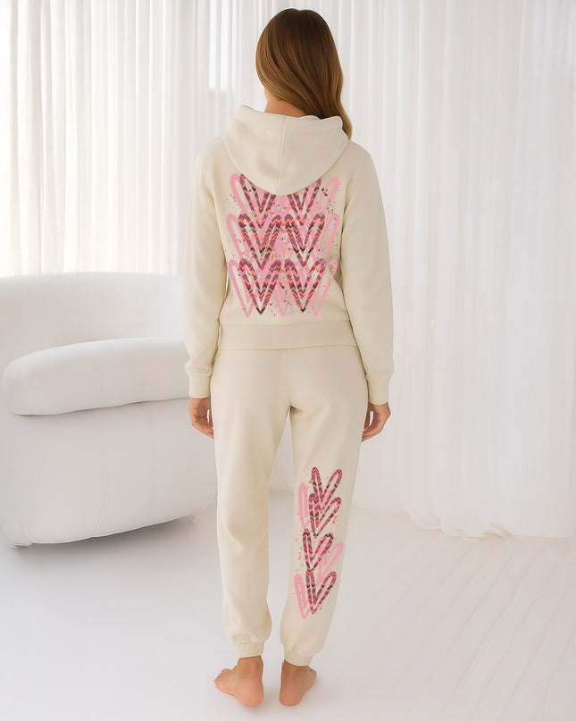 Coral Zig Zag Hearts Printed Hooded Tracksuit Adult