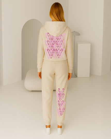Dark Pink Zig Zag Hearts Printed Hooded Tracksuit Adult