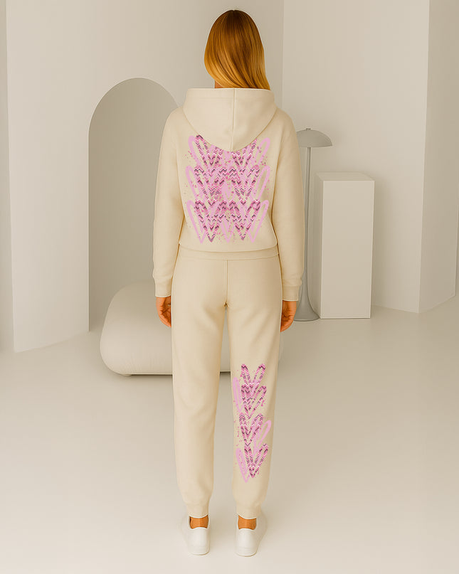 Dark Pink Zig Zag Hearts Printed Hooded Tracksuit Adult