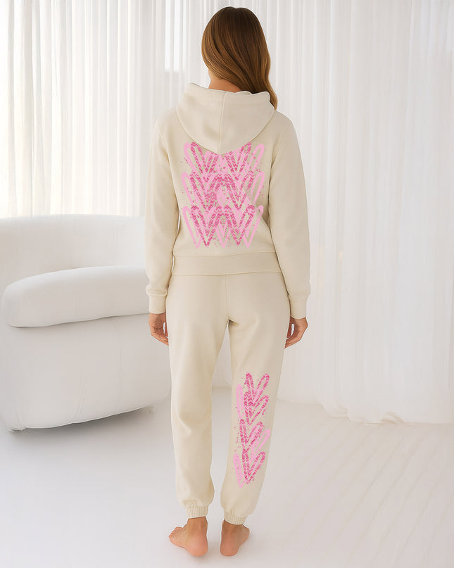 Pink Zig Zag Hearts Printed Hooded Tracksuit Adult