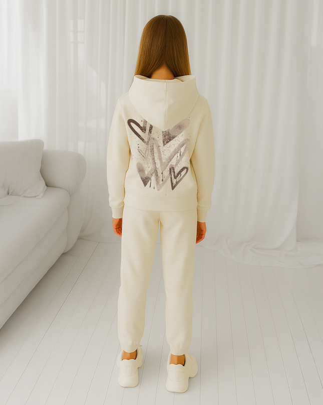 Brown Scattered Hearts Printed Hooded Tracksuit Kids