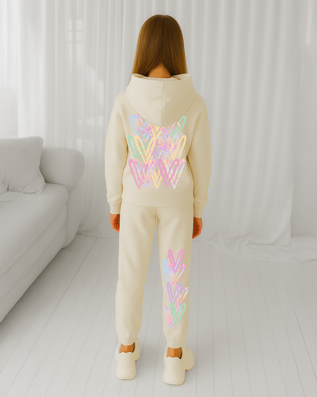 Pastel Leopard Hearts Printed Hooded Tracksuit Kids