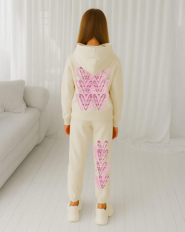 Dark Pink Zig Zag Hearts Printed Hooded Tracksuit Kids