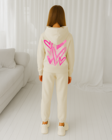 Hot Pink Scattered Hearts Printed Hooded Tracksuit Kids