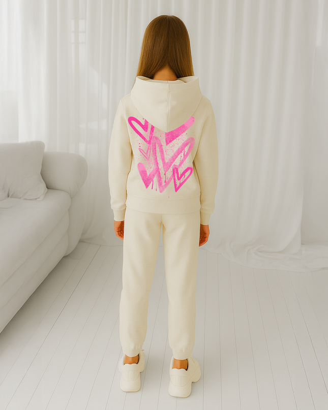 Hot Pink Scattered Hearts Printed Hooded Tracksuit Kids