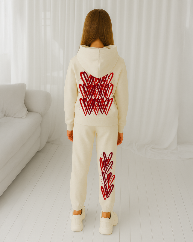 Deep Red Hearts Printed Hooded Tracksuit Kids